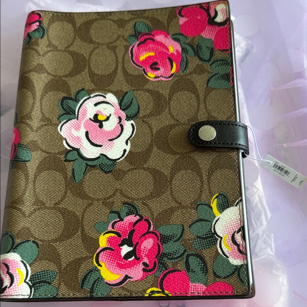 Coach Brown Floral Signature Tablet Cover with Pink & Green Accents